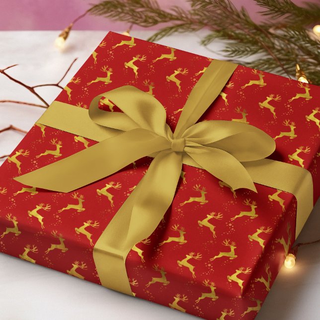 Papier Cadeau Élégant Gold Reindeer Red Christmas (Créateur téléchargé)