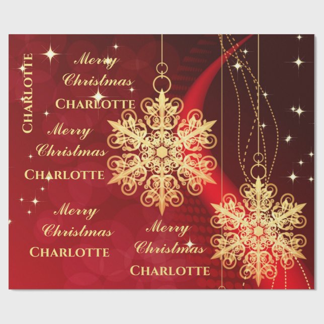 Papier Cadeau Élégant Gold Snowflake Nom Modèle Noël (Plat)