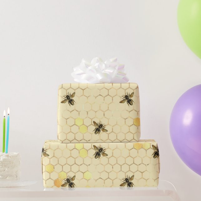 Papier Cadeau Élégant Gold Yellow Bees Honeypeb (Cadeaux de fête)