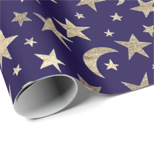 Papier Cadeau Elégant Golden Stars Moon Blue Navy Champaigne