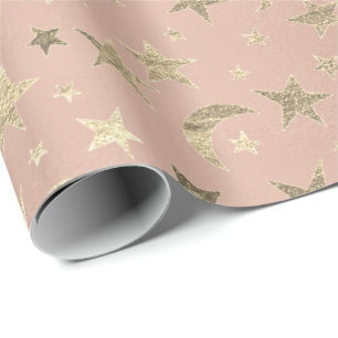Papier Cadeau Elégant Golden Stars Moon Rose rose Champaigne