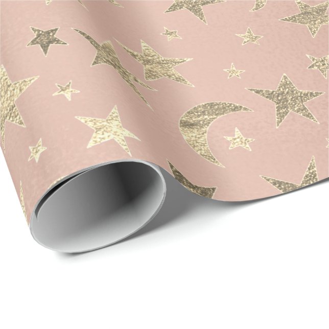 Papier Cadeau Elégant Golden Stars Moon Rose rose Champaigne (Coin rond)