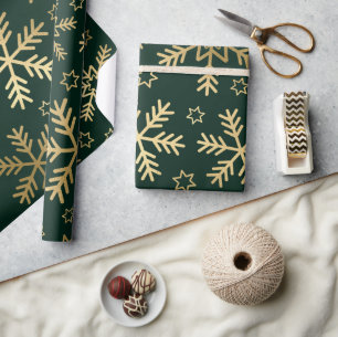 Papier Cadeau Élégant Green et Gold Snowflakes Noël
