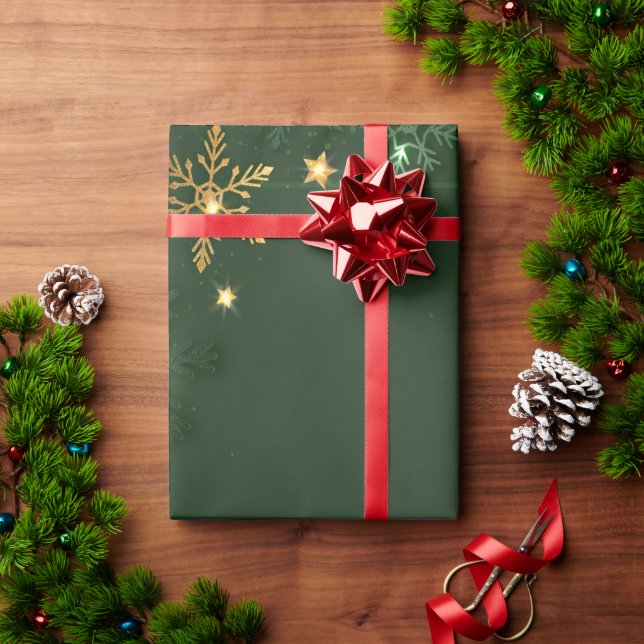 Papier Cadeau Élégant Green Gold Snowflakes vacances (Cadeau de vacances)