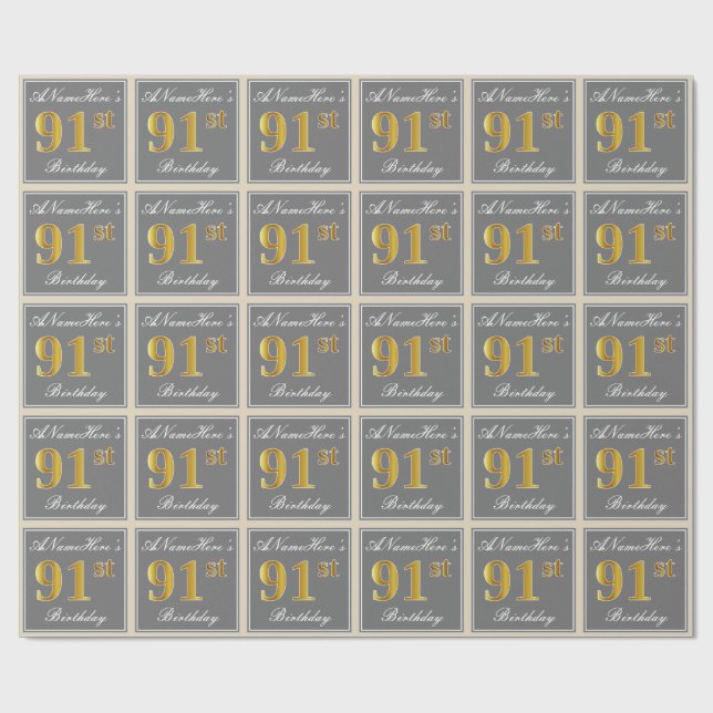 Papier Cadeau Elégant, Grey, Faux Gold 91ème Anniversaire + Nom (Plat)