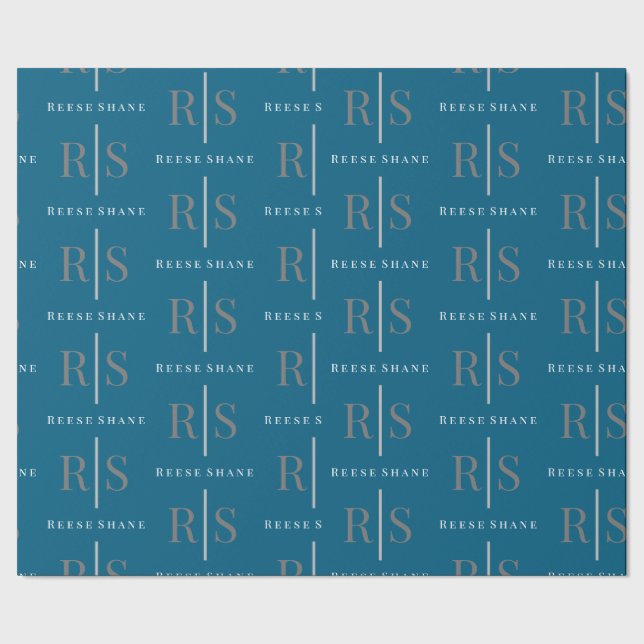 Papier Cadeau Elegant Grey Monogram & White Name, Blue (Couture)