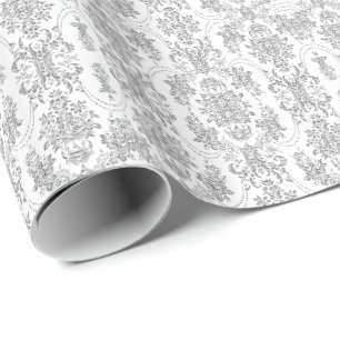 Papier Cadeau Elégant gris argenté et blanc motif floral orné