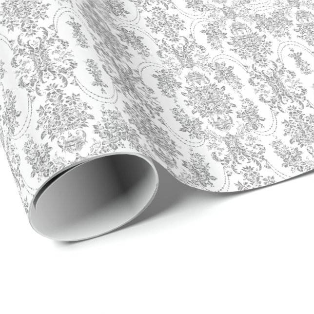 Papier Cadeau Elégant gris argenté et blanc motif floral orné (Coin rond)