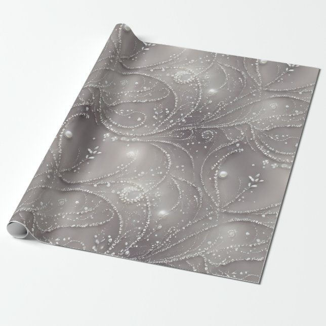 Papier Cadeau Elégant gris, brins de perles, perles et lumière (Déroulé)