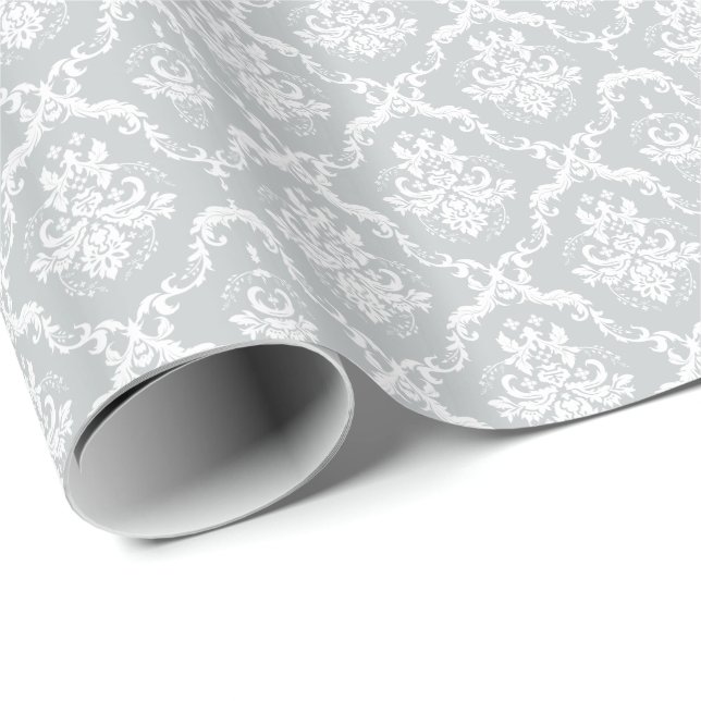 Papier Cadeau Élégant Gris Clair Et Blanc Floral Damas (Coin rond)