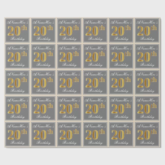 Papier Cadeau Elégant, gris, Faux Gold 20e anniversaire + Nom (Plat)