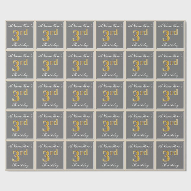 Papier Cadeau Elégant, gris, Faux Gold 3e anniversaire; Nom pers (Plat)