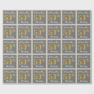 Papier Cadeau Elégant, gris, Faux Gold 50e Anniversaire + Nom