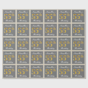 Papier Cadeau Elégant, gris, Faux Gold 55e anniversaire + Nom
