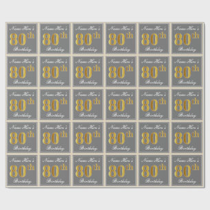Papier Cadeau Elégant, gris, Faux Gold 80e anniversaire + Nom