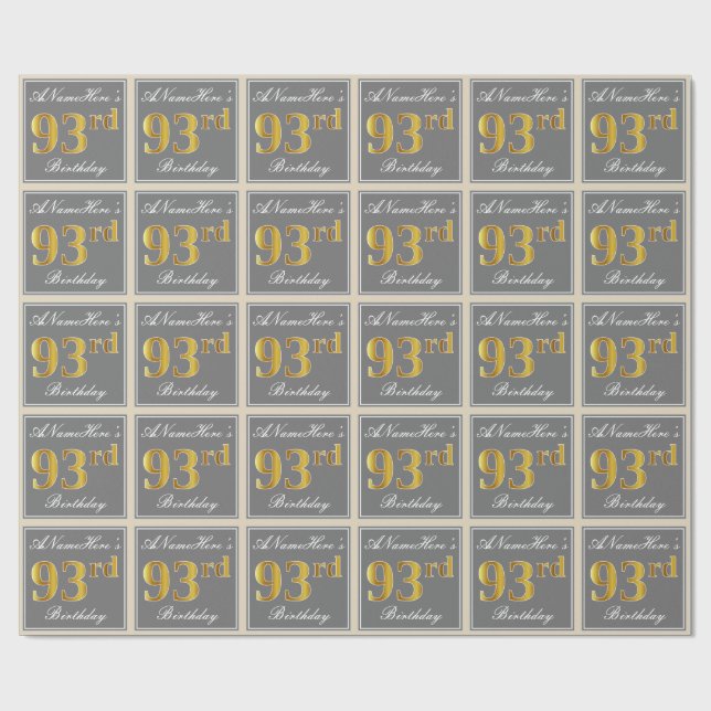 Papier Cadeau Elégant, gris, Faux Gold 93ème anniversaire + Nom (Plat)