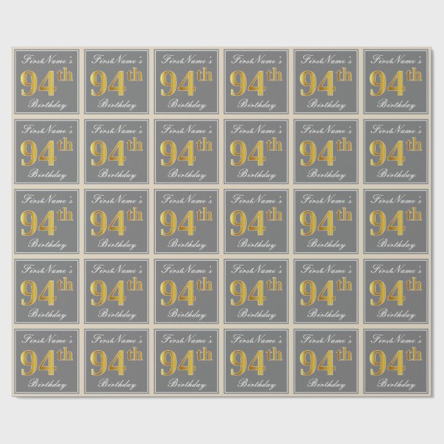 Papier Cadeau Elégant, gris, Faux Gold 94ème anniversaire + Nom (Plat)
