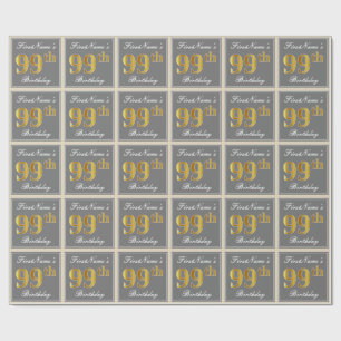 Papier Cadeau Elégant, gris, Faux Gold 99e anniversaire + Nom