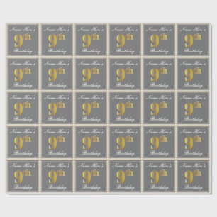 Papier Cadeau Elégant, gris, Faux Gold 9e anniversaire; Nom pers