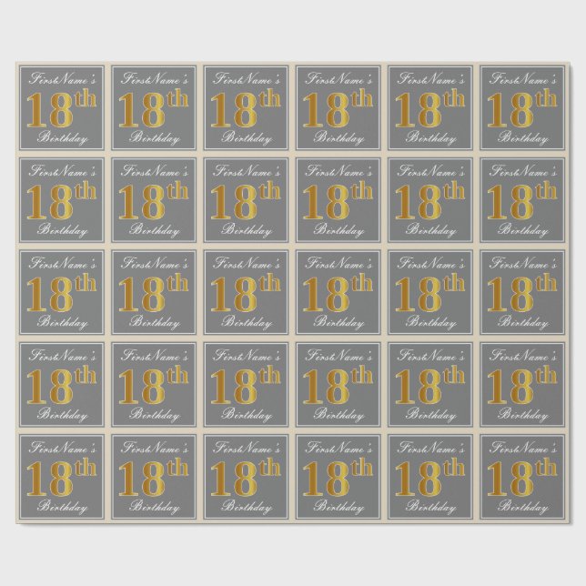 Papier Cadeau Elégant, gris, Faux Or 18ème anniversaire + Nom (Plat)