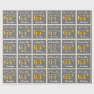 Papier Cadeau Elégant, gris, Faux Or 66ème anniversaire + Nom