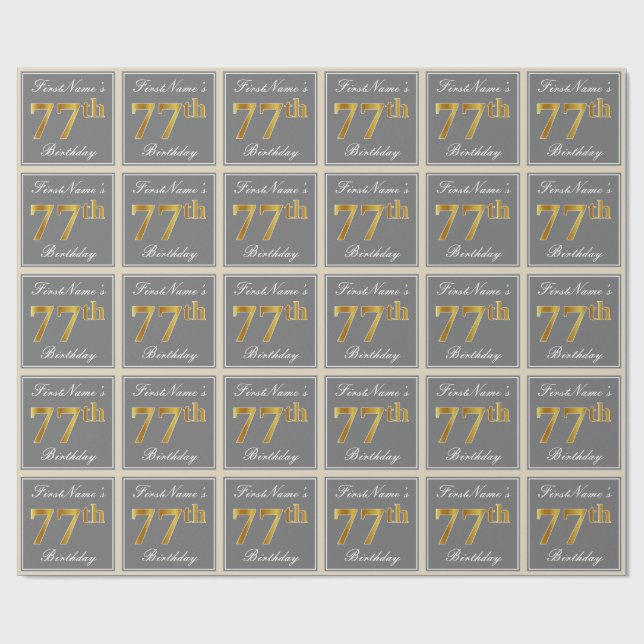 Papier Cadeau Elégant, gris, Faux Or 77ème anniversaire + Nom (Plat)
