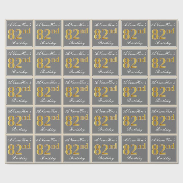 Papier Cadeau Elégant, gris, Faux Or 82ème anniversaire + Nom (Plat)