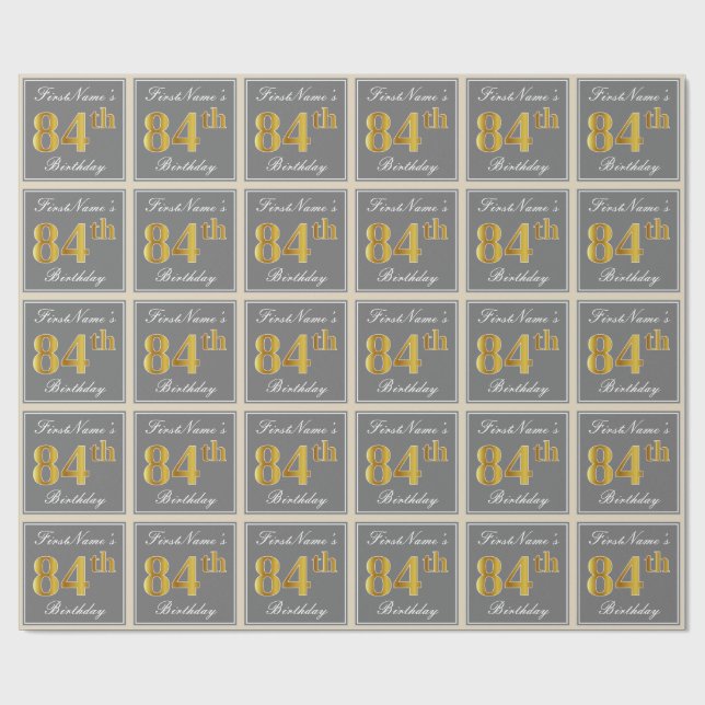 Papier Cadeau Elégant, gris, Faux Or 84ème anniversaire + Nom (Plat)