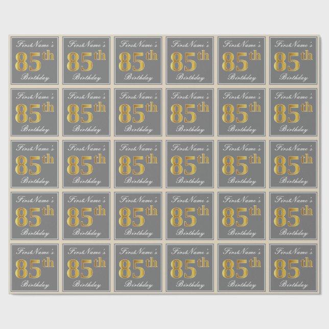 Papier Cadeau Elégant, gris, Faux Or 85ème anniversaire + Nom (Plat)
