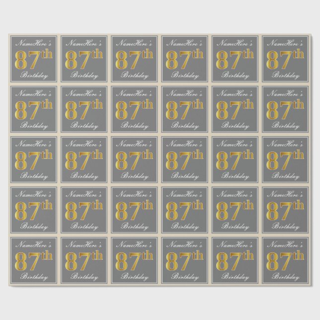 Papier Cadeau Elégant, gris, Faux Or 87ème anniversaire + Nom (Plat)