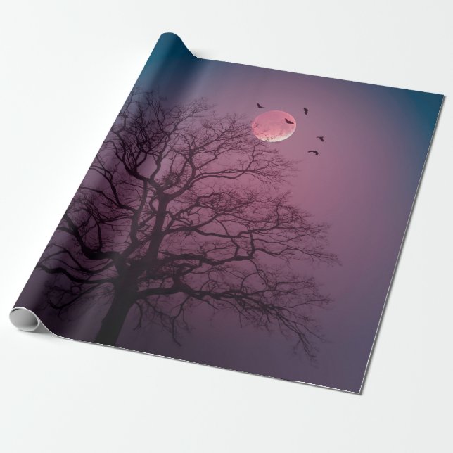 Papier Cadeau Élégant Halloween Thème Arbre Lune Artwork Éffraya (Déroulé)