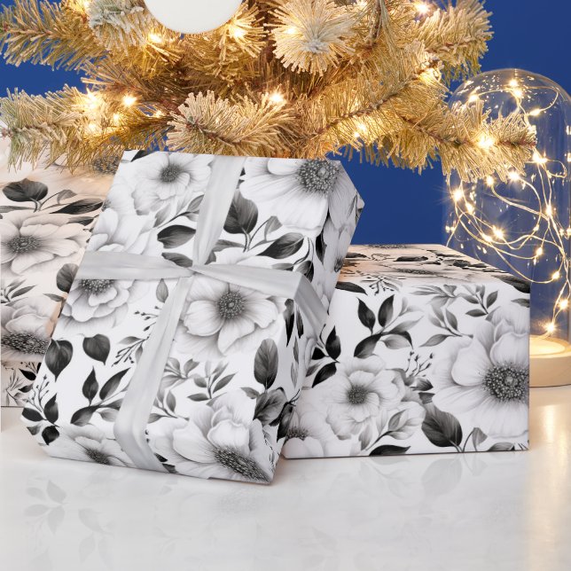 Papier Cadeau Élégant hiver noir et blanc fleuri Noël (Vacances)