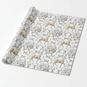 Papier Cadeau Elégant Horse Hydrangea Bows Beige Blanc Toile