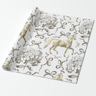 Papier Cadeau Elégant Horse Hydrangea Bows Beige Blanc Toile