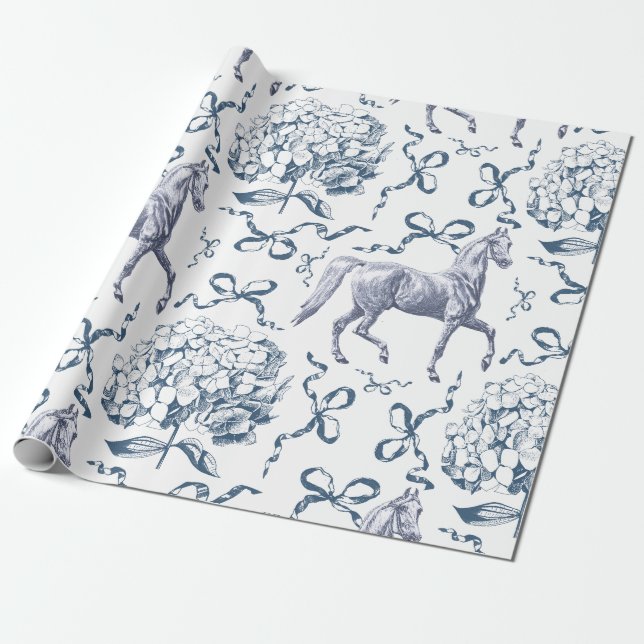 Papier Cadeau Elégant Horse Hydrangea Bows Dusty Blue Toile (Déroulé)