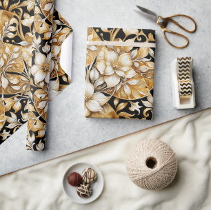 Papier Cadeau Élégant ivoire et B ; ack papier de tissus floral
