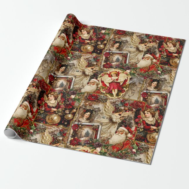Papier Cadeau Élégant ivoire et collage de Noël victorien rouge (Déroulé)