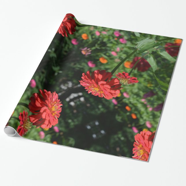 Papier Cadeau Elégant jardin fleuri rouge orangé (Déroulé)