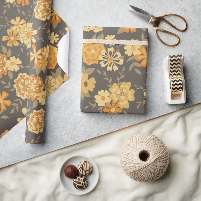 Papier Cadeau Elégant Jaune Orange Fleurs Sur Brown (Artisanat)