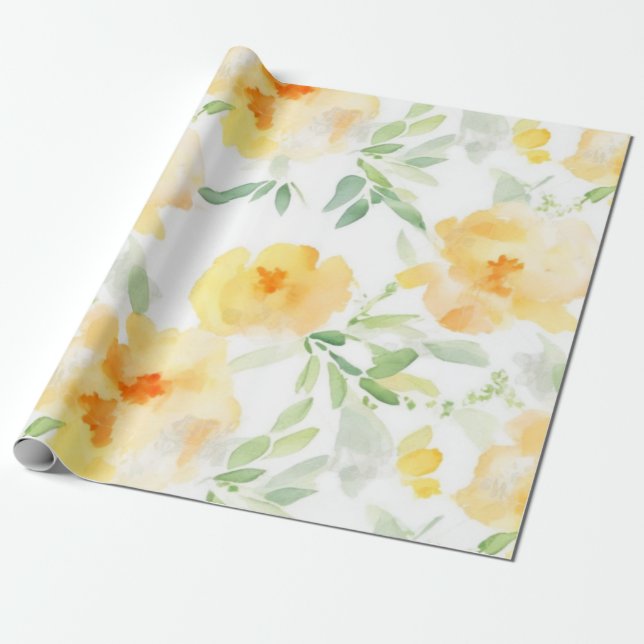 Papier Cadeau Elégant jaune pêche orange aquarelle fleurie (Déroulé)