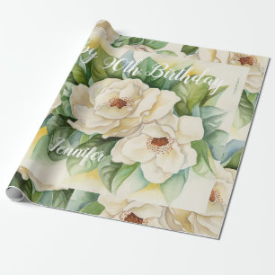Papier Cadeau Elégant Joyeux 90e anniversaire Floral Blanc Nom