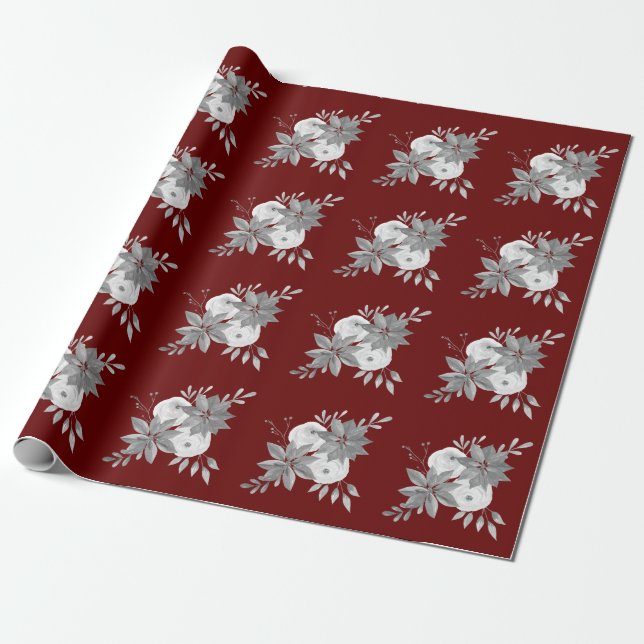 Papier Cadeau Élégant Joyeux Noël Argent Floral (Déroulé)