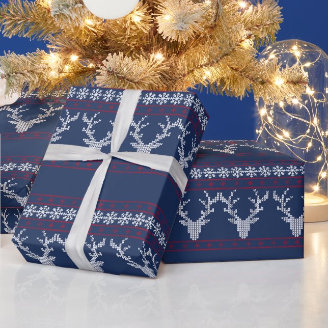 Papier Cadeau Élégant Knit de vacances traditionnel bleu (Vacances)