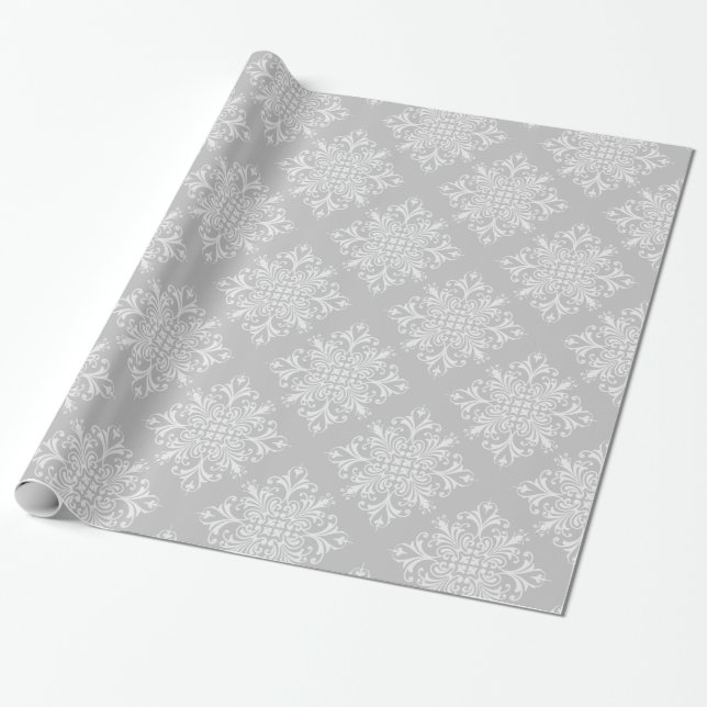 Papier Cadeau Élégant Lacy Grey Damask (Déroulé)