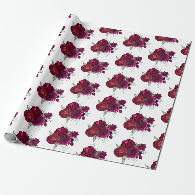 Papier Cadeau Elegant Magenta Rose Floral Bouquet (Déroulé)
