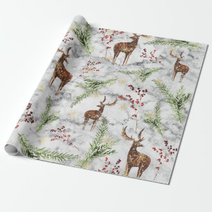 Papier Cadeau Elégant Marbre blanc Reindeer Berries Noël