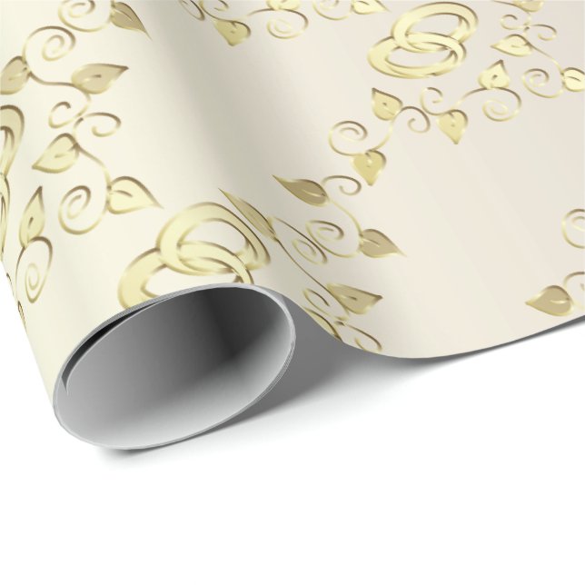 Papier Cadeau Élégant Mariage Or Anneaux Sur Satin Blanc (Coin rond)