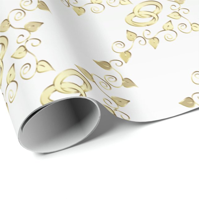 Papier Cadeau Élégant Mariage Or Anneaux Sur Satin Blanc (Coin rond)