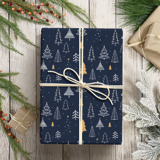 Papier Cadeau Elegant Marine Bleu & Arbre d'or Noël