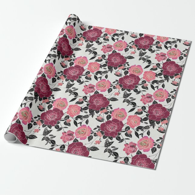 Papier Cadeau Elégant Maroon rose Bourgogne Rose Motif (Déroulé)